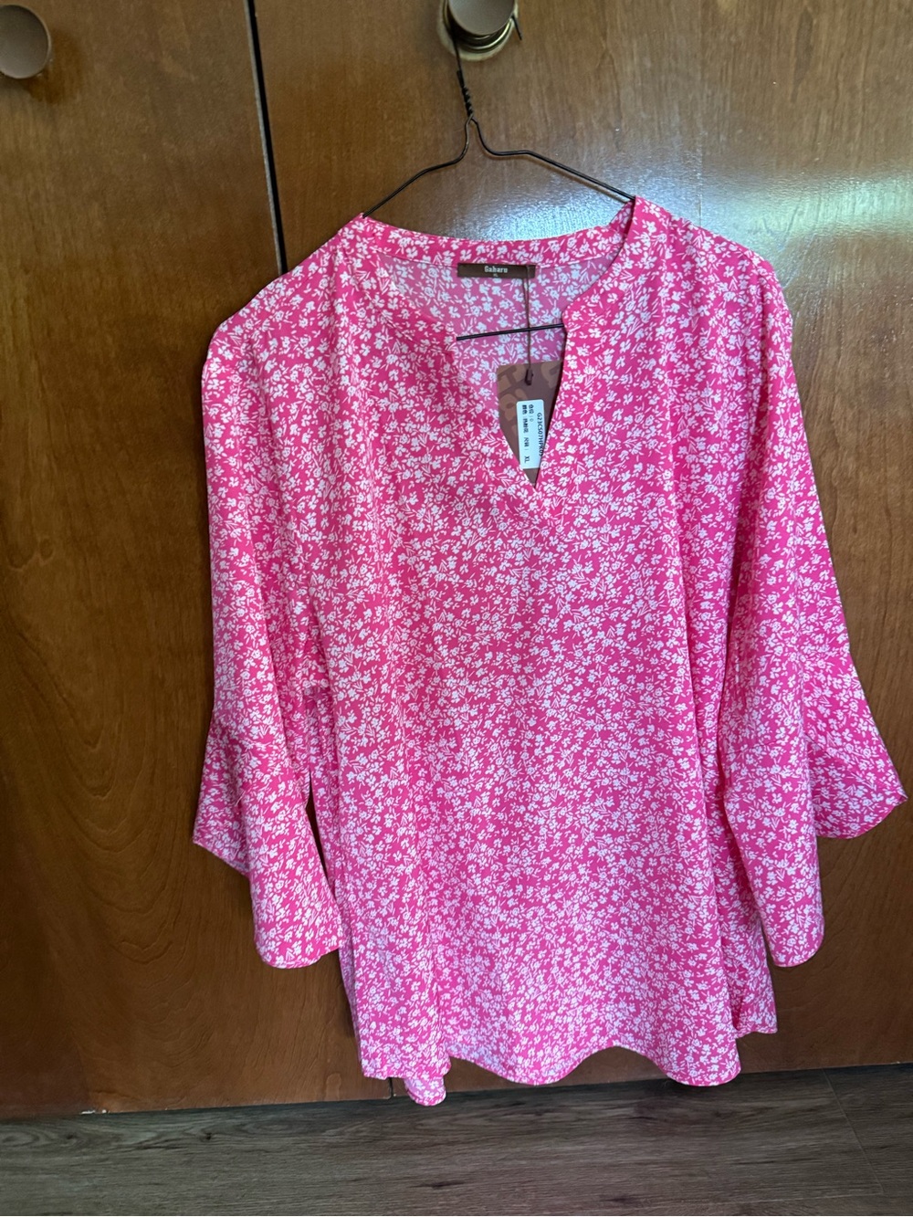Hot Pink White Floral Split-Neck Blouse